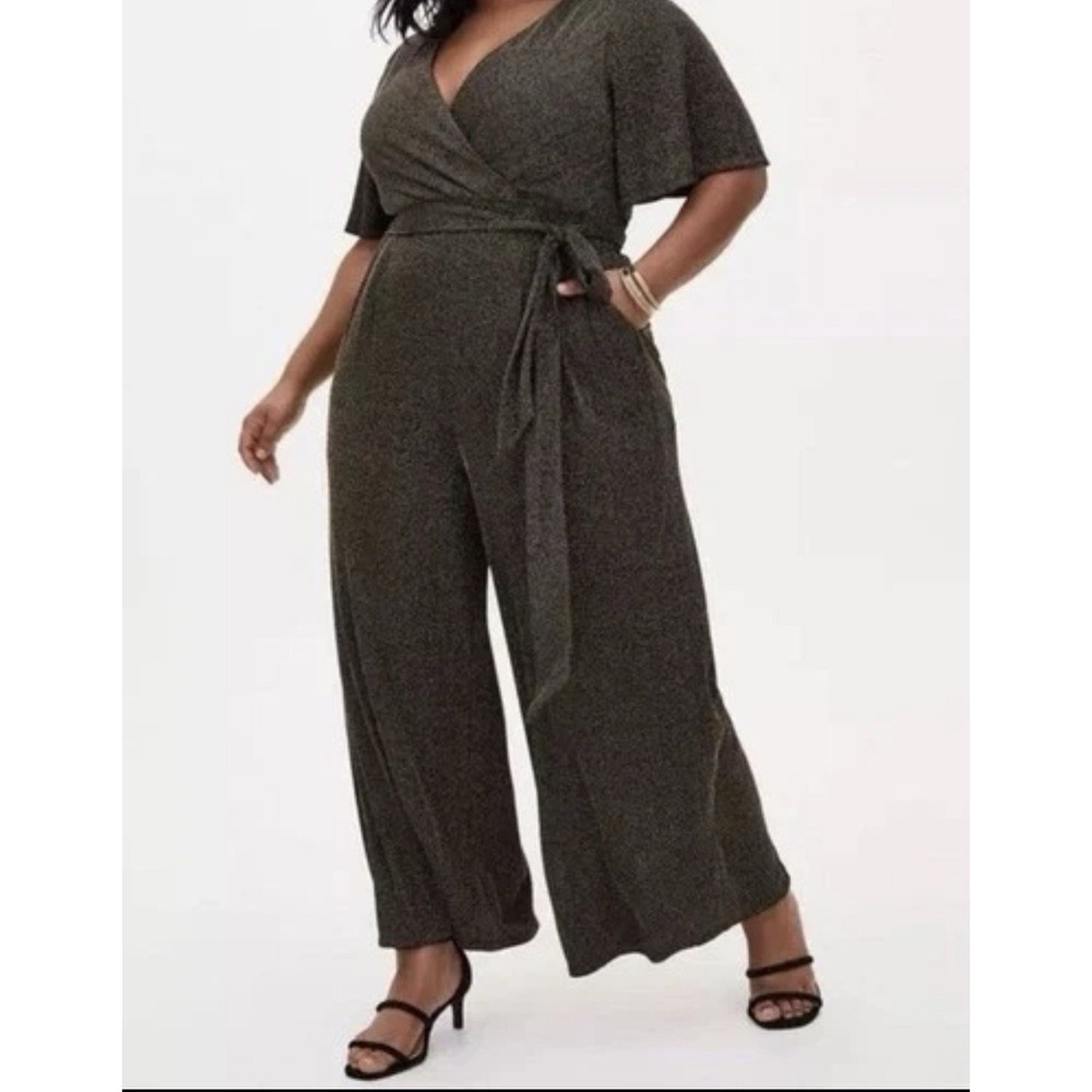 Torrid Shimmer Surplice Black Gold Striped Jumpsuit 2X